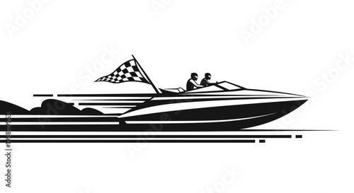 Dynamic Speedboat Racing with Passengers and Checkered Flag Outline on Isolated White Background.