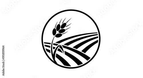 Wheat Field and Sun Icon Logo Design on Isolated White Background.