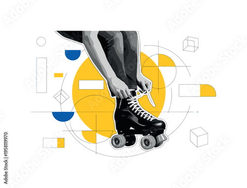 black and white person tying the laces of retro roller skates preparing to skate, large yellow circle behind the skates symbolizing anticipation and activity,