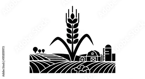 Prominent wheat stalk in a rural farm landscape with fields and buildings silhouette on isolated white background.