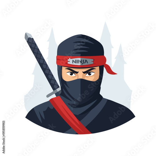 Intense ninja portrait with katana and red sash against stylized trees