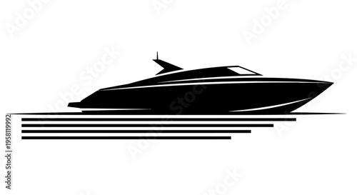 Sleek speed boat cruising on water with motion lines silhouette on isolated white background.