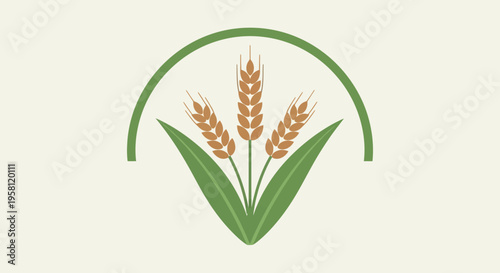Three golden wheat stalks with green leaves in an arch logo on bright studio background.