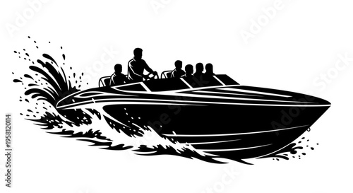 Speed boat with people splashing water on isolated white background.