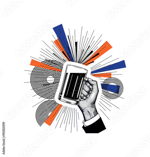 black-and-white retro hand lifting a beer mug upward in a toast gesture, abstract circular waves and radiating lines symbolizing celebration, orange and deep