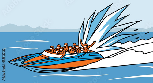 Vibrant Speed Boat with Happy People Cheering, Exciting Summer Adventure on Water with Mountains Background