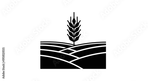 Single Wheat Stalk on Abstract Layered Fields, Agricultural Crop and Farm Symbol, Isolated White Background