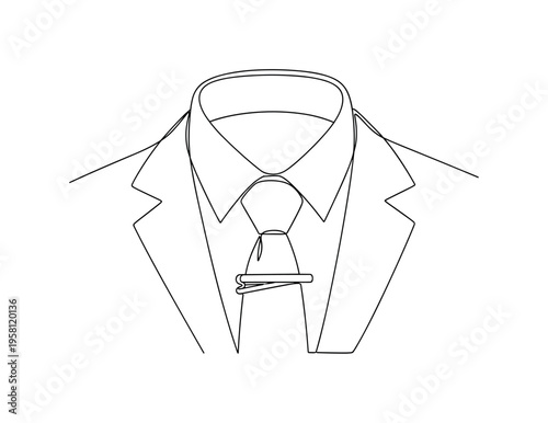 Formal Suit Tie Clip. Minimalistic one-line drawing suit collar with necktie secured by a stylish tie clip, continuous single black line on white background,