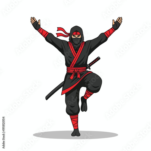 Cartoon ninja in black and red attire strikes a dynamic pose, sword sheathed