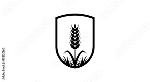 Shield Emblem with Wheat Stalk and Grass, Organic Food and Agriculture Protection Symbol, Isolated White Background