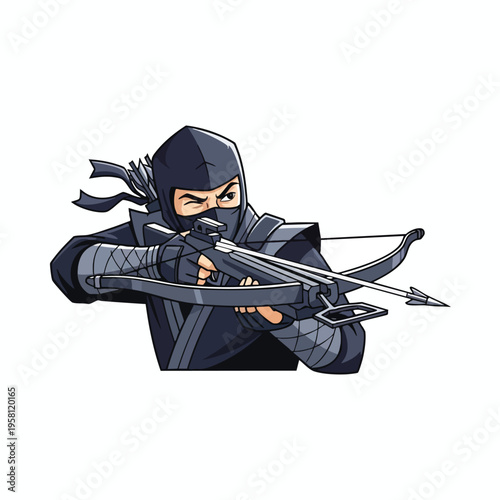 A cartoon ninja in black attire aims a crossbow with an arrow loaded