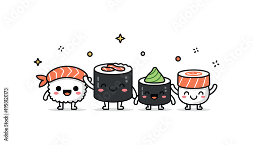 Cartoon sushi friends tiny sushi characters with happy faces and playful expressions standing together like a cute food mascot team. Minimalist flat vector