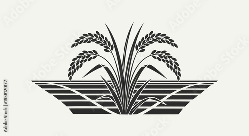 Stylized Rice Plants Growing on Layered Paddy Field, Traditional Asian Agriculture Concept, In Bright Studio