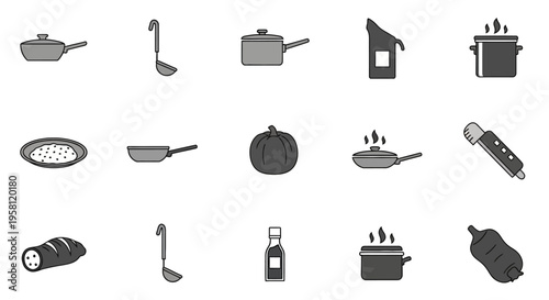 Collection of Various Kitchen Utensils and Cooking Icons, Essential Home Food Preparation Tools, Isolated White Background