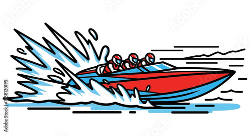Dynamic Speed Boat with People Splashing Water, Exciting Water Sport Activity, Bright Studio Background