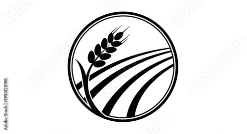 Circular Emblem with Stylized Wheat Stalks and Farm Fields, Agriculture and Harvest Symbol, Isolated White Background