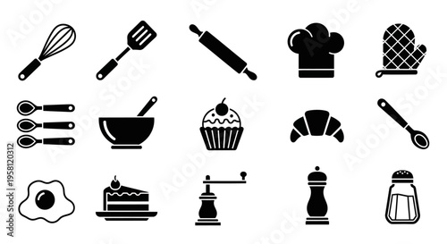 Set of Baking and Pastry Kitchen Utensil Icons, Isolated White Background