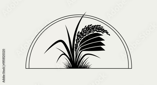 Rice Grains and Stalks in Semicircle Frame, Isolated White Background
