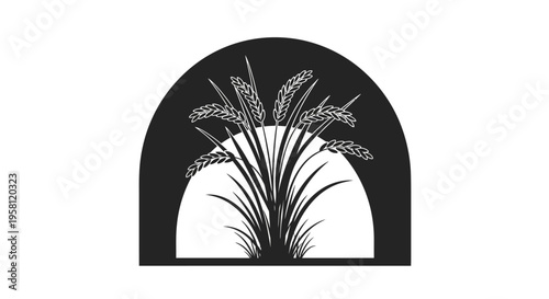 Wheat Grains and Stalks in Arch Silhouette, Isolated White Background
