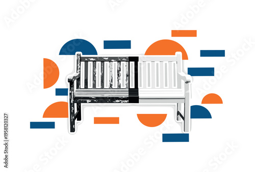 black and white wooden garden bench half old paint half fresh paint, white outline cut-out effect around the bench, abstract semicircles and rectangular blocks