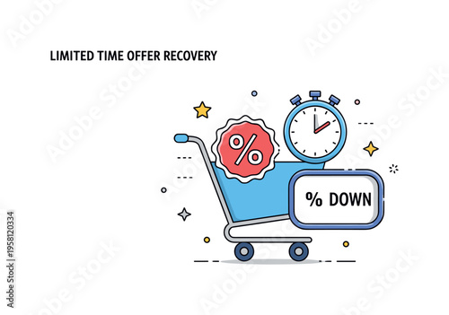 Limited time offer recovery featuring a compact shopping cart with a bold percentage badge and a countdown timer, suggesting an incentive to return before the
