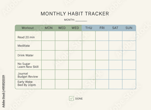 A planner displays a monthly habit tracker with daily tasks listed.