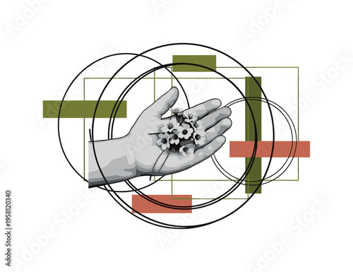 monochrome childlike hand collecting small flowers into the palm, layered circular rings and abstract rectangles creating balanced composition, olive green and