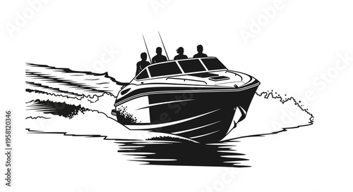 Fast Speedboat with People Racing on Water, Isolated White Background