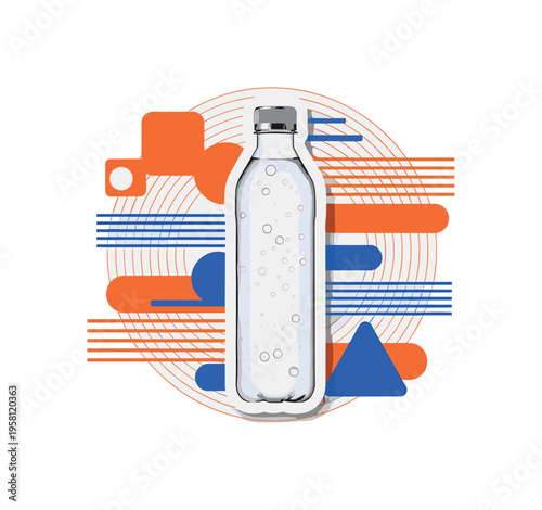 monochrome water bottle with condensation droplets on surface, white cut-out outline around the bottle, geometric circles and horizontal lines representing