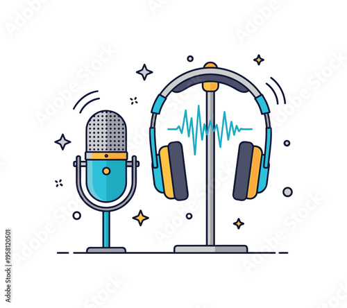 Microphone and headphones combo classic studio microphone paired with large over ear headphones hanging from the stand, subtle waveform accents suggesting