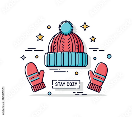 Outdoor winter outfit knitted hat and gloves prepared for a cold snowy walk forming a neat seasonal badge with a tiny sign Stay Cozy. Minimalist flat vector