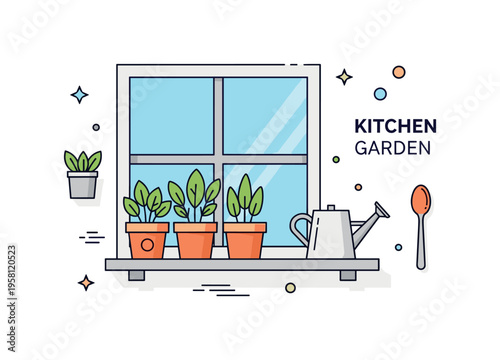 Kitchen windowsill greenery illustrated through small herb pots beside a simple watering can and spoon detail. A compact ?Kitchen Garden? label communicates