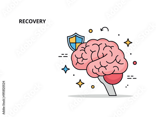 Recovery and brain resilience brain symbol with a small shield and star icons representing strength, protection, and renewed mental health after addiction. The