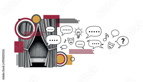 monochrome theatrical curtain opening with floating speech bubbles and improvisation symbols emerging, layered circular shapes and horizontal lines suggesting