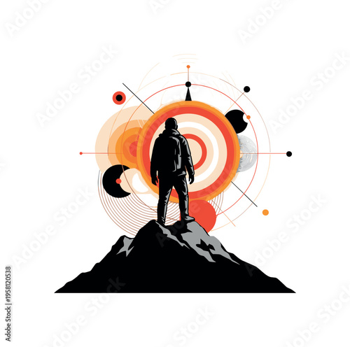 explorer silhouette mountain discovery with geometric circles abstract shapes and lines, black and white explorer standing on mountain peak looking into
