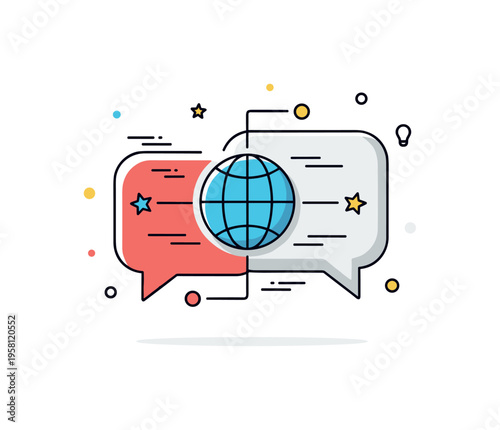 Global communication flow depicted by a speech bubble merging with a globe icon at the center. Minimal connection lines and star details symbolize dialogue,