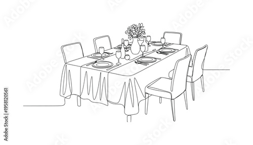 Garden Gathering Table. Minimalistic one-line drawing outdoor party table with elegant arrangement of plates and glasses, continuous single black line on white
