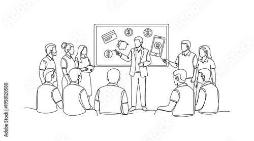 Financial Literacy Workshop. Minimalistic one-line drawing instructor explaining banking symbols to unbanked participants representing inclusive finance