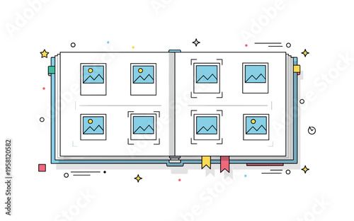 Minimalist photo album layout clean open album with evenly spaced square photo placeholders and subtle alignment guides suggesting order and balance. A refined