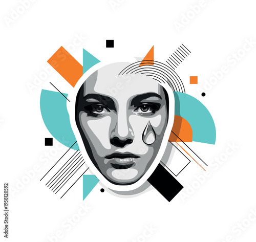 human face with water droplet on cheek abstract semicircles lines and geometric blocks symbolizing freshness and life black and white retro portrait with white