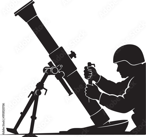 Vector silhouette of soldier operating mortar