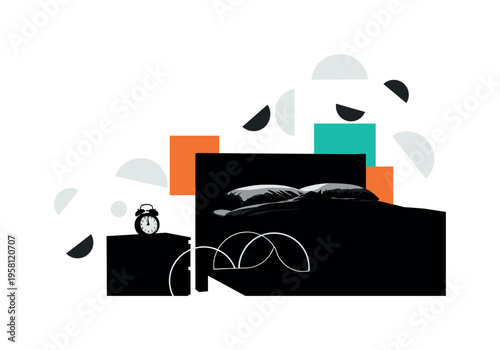 black-and-white bed silhouette with a small alarm clock on a nightstand, floating semicircles and soft geometric curves symbolizing early morning calm, orange