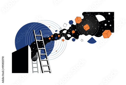 dreamlike composition with a black and white ladder reaching into a swirling night sky of thoughts and stars, cut-out object with white outline effect, large