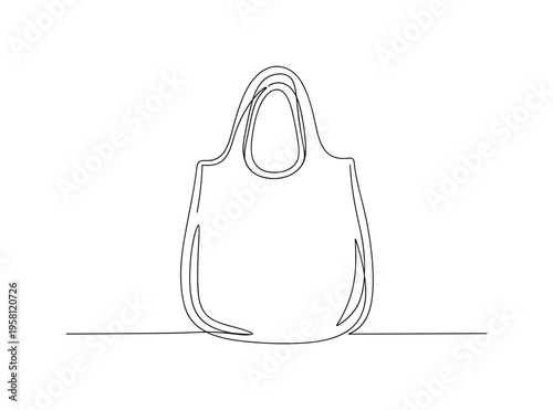 Reusable Bag. Minimalistic one-line drawing eco-friendly reusable shopping bag with simple handles and soft curved outline, continuous single black line on