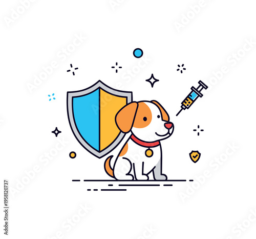 Pet vaccination concept built around a small dog with a protective shield icon behind it and a tiny medical syringe symbol nearby to represent immunization and