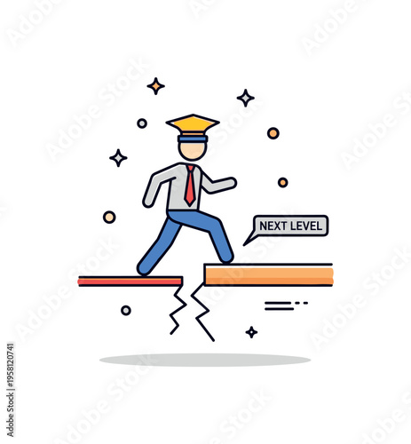 Executive promotion breakthrough scene centered on a figure stepping onto a higher platform beyond a cracked boundary line. A small ?Next Level? text detail