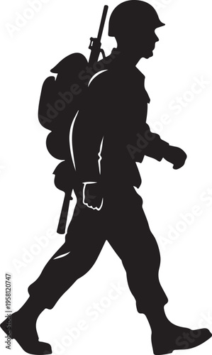 Vector silhouette of a soldier with backpack and rifle