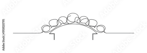 Messaging Bridge. Minimalistic one-line drawing speech bubble icons forming a symbolic bridge over a gap, continuous single black line on white background,