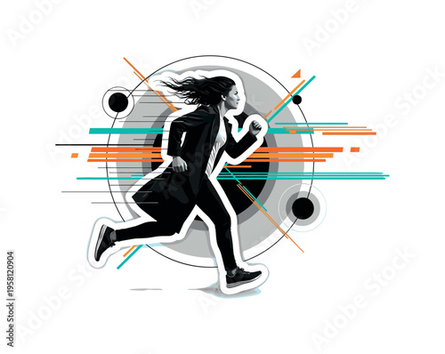 monochrome determined runner with coat and hair blown backward by wind, white contour cut-out outline around the figure, layered circles and diagonal gust