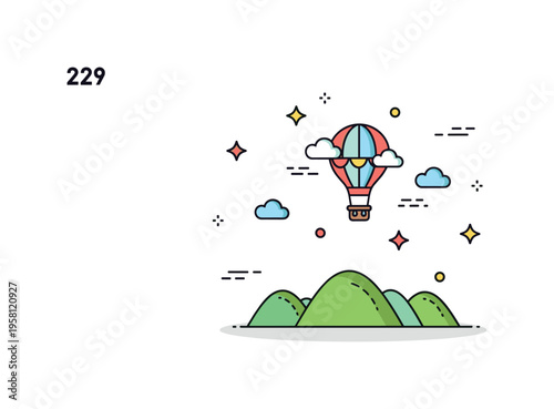 Little hot air balloon adventure cute small hot air balloon drifting over green hills with tiny clouds and playful decorative accents. Minimalist flat vector